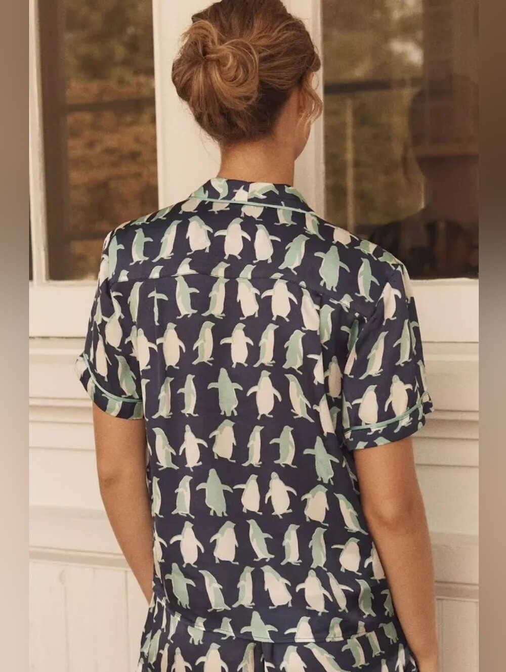 Anthropologie LyreBird 2-Piece Silky Pajama Top & Shorts Set Penguin Print - Picture 2 of 12